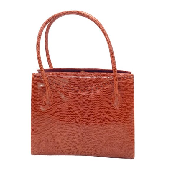 DARBY SCOTT DARK ORANGE LIZARD SKIN LEATHER THOMPSON TOTE HANDBAG - Picture 3 of 8